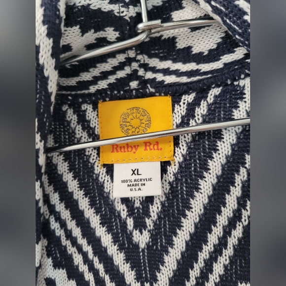 Ruby Rd Navy Blue White Fringe Sweater Open Cardigan Jacket Cover Up Sz XL - Picture 2 of 5